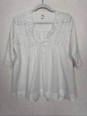 Soler White Lace Trim Blouse Boho Cotton Top Size Small Medium Cottagecore
